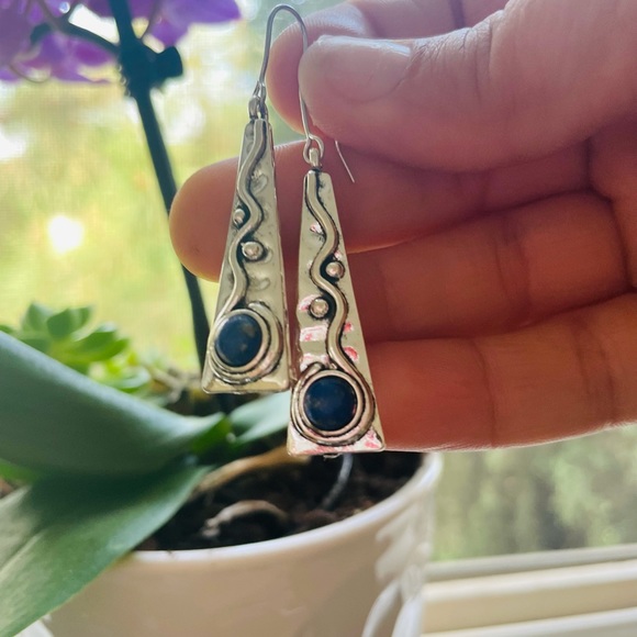 Metal Silver Boho Inlaid Blue Stone Drop Earrings - Picture 6 of 7